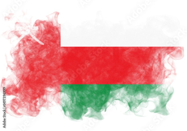 Fototapeta An abstract and slightly distressed textured representation of the Sultanate of Oman flag against a stark black background, with