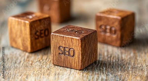 Fototapeta SEO Wooden Blocks concept. Wooden cubes with carved SEO letters displayed on textured wooden surface, representing digital marketing strategy and content