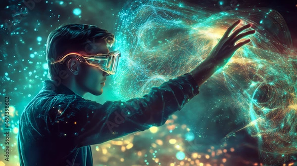 Fototapeta A man interacts with a neural network display and the glowing connections of AI. Generative AI.