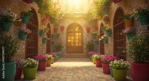 Fototapeta Sunlit courtyard with potted flowers