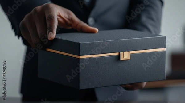 Obraz Closeup of hand unboxing custom welcome kit, elegant black gift box with gold accent, business onboarding, professional, excitement