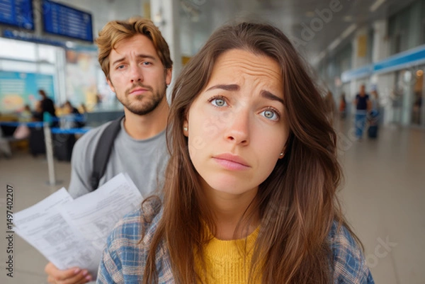 Fototapeta Young woman with a worried expression stands in an airport terminal, holding travel documents, while a man appears concerned in the background, capturing travel anxiety and uncertainty