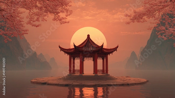 Fototapeta Red temple structure with fantasy landscape