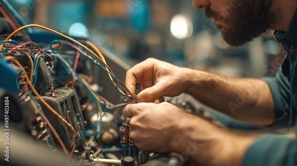 Obraz Mechanic repairs ATV electrical system. Hands of a man connect wires in car workshop. Repairman working on automotive tech. Automobile diagnostics service, checking auto parts.