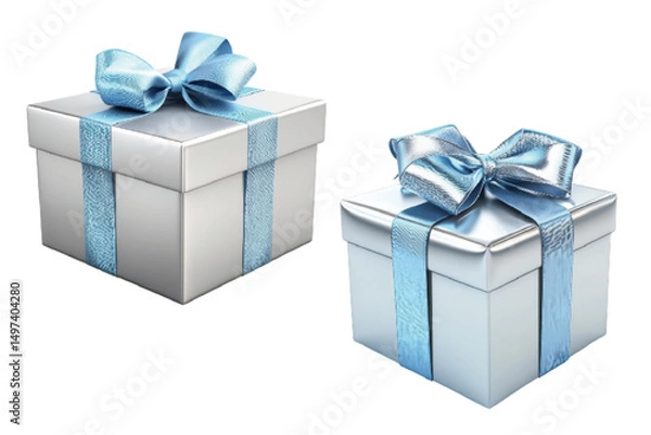 Obraz Two elegant silver gift boxes adorned with blue ribbons and bows, perfect for celebrations and special occasions