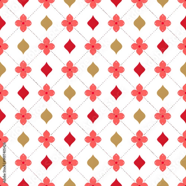 Fototapeta Seamless Geometric Floral Pattern with Red and Gold Diamond Motifs on White Background

