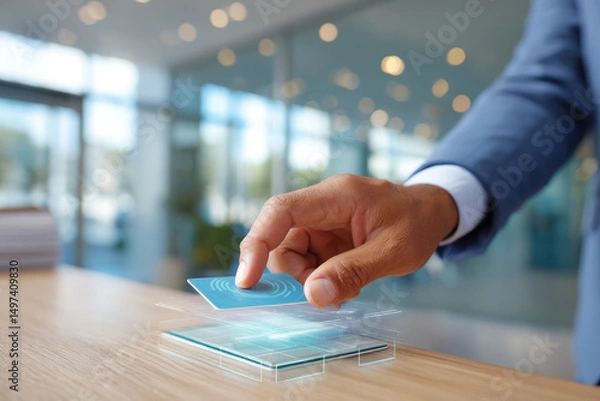 Fototapeta Businessman in a suit placing a credit card on a transparent surface, showcasing modern payment technology in a bright office environment with blurred background elements