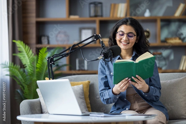 Fototapeta A smiling woman records a podcast while reading a book in a comfortable studio setting.