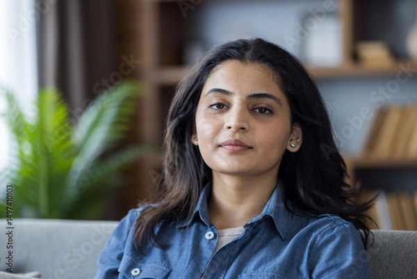 Obraz A beautiful, young woman of color looks directly at the camera with a serene and pleasant expression.