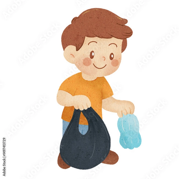 Fototapeta little boy playing picking garbage