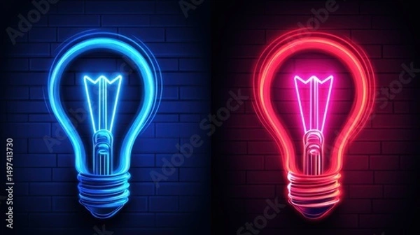 Obraz Two Neon Lightbulbs on Brick Wall