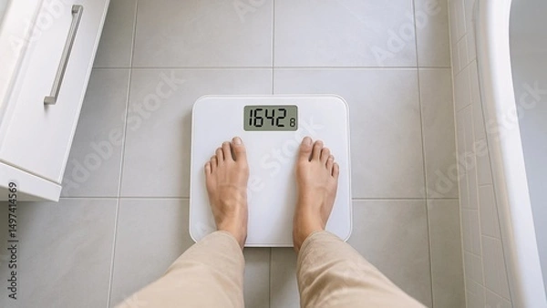Fototapeta Person is standing on a white weighing scale in a bathroom, checking their weight as part of a weight loss or fitness journey, focusing on healthy habits and self-care