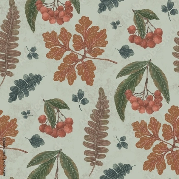 Fototapeta charming botanical repeat pattern, showcasing a variety of leaves in warm, muted colors. Ideal for fabric prints, stationery, home decor, and digital designs craving an organic feel