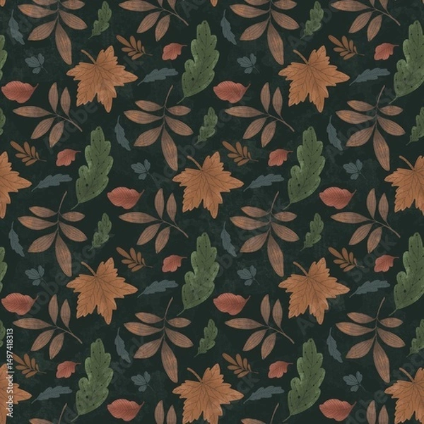 Fototapeta charming botanical repeat pattern, showcasing a variety of leaves in warm, muted colors. Ideal for fabric prints, stationery, home decor, and digital designs craving an organic feel