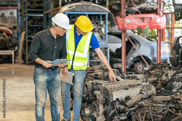 Fototapeta used car part business owner working check stock order with young technician man in second hand vehicle spare part center warehouse