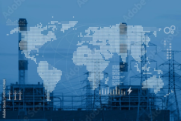 Fototapeta Blank World map overlay with large industry Power plant background on blue color tone graphic for world wide energy business presentation