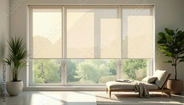 Fototapeta Modern cellular shades elegantly filtering sunlight in a bright window , room, window fashion