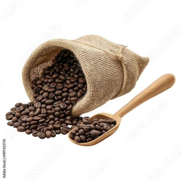 Obraz Roasted Coffee Beans Nestled in Burlap Sack Isolated for Coffee Promotions.