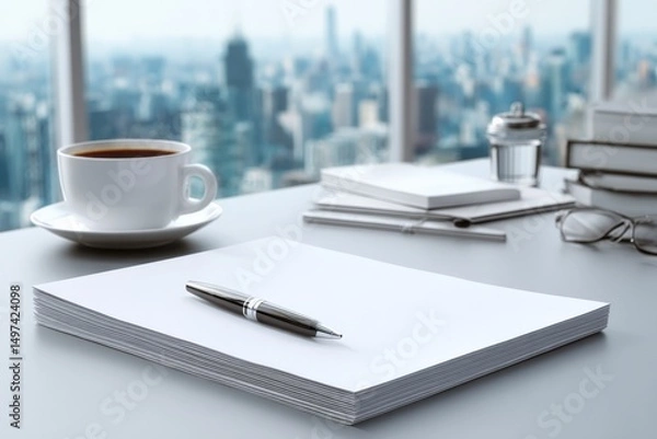Fototapeta Office workspace with coffee, blank papers, and city skyline view during morning hours
