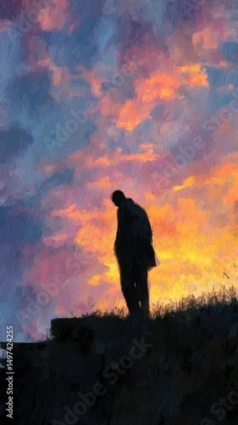 Fototapeta Silhouetted figure at sunset against a vibrant sky.