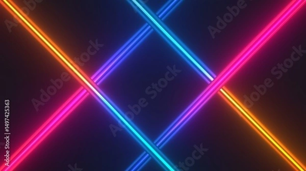 Fototapeta Dynamic streaks of neon light in electric blue, magenta, and orange crisscrossing against a dark background, creating vibrant futuristic energy with glowing vivid colors and sharp contrast design