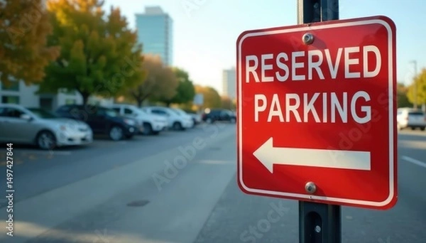 Obraz Reserved parking sign on a post in an asphalt parking lot , town, signage, indicator