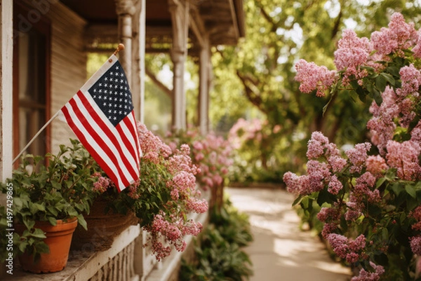 Fototapeta Vibrant hydrangeas in shades of pink and blue adorn a charming porch with an American flag, creating a festive atmosphere for summer celebrations and gatherings