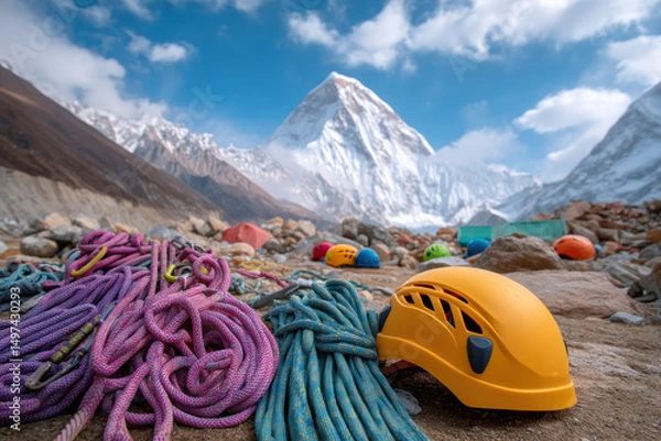 Fototapeta Climbing gear including colorful ropes and a bright helmet is arranged on rocky terrain with majestic snow-capped peaks in the background, symbolizing adventure and exploration