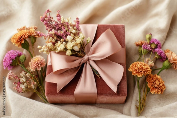 Fototapeta Gift box wrapped in textured orange fabric with a large bow, accompanied by a vase of dried flowers, creating a warm and inviting atmosphere for celebrations and special occasions