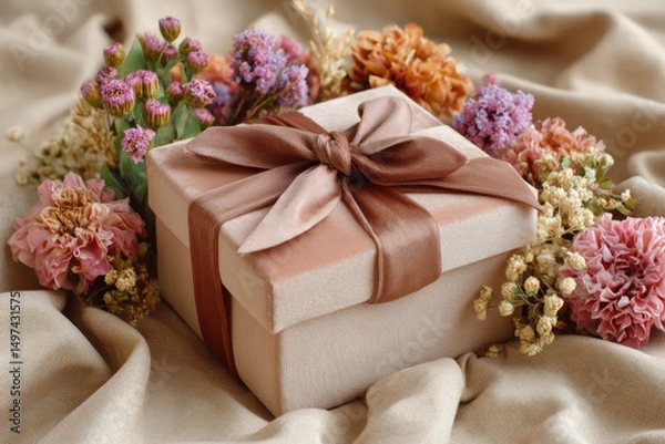 Fototapeta Gift box wrapped in textured orange fabric with a large bow, accompanied by a vase of dried flowers, creating a warm and inviting atmosphere for celebrations and special occasions