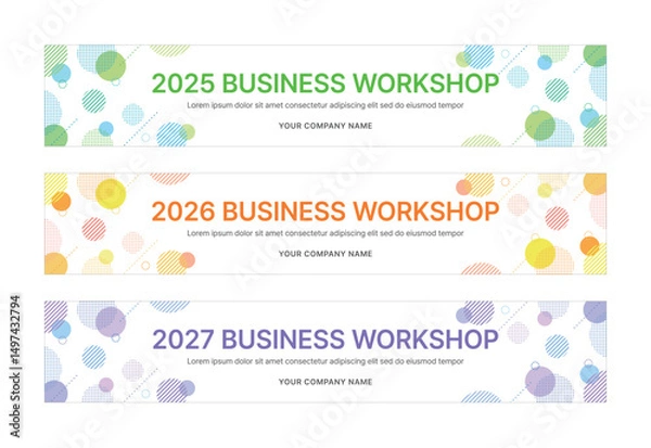 Fototapeta Colorful business workshop banners for 2025, 2026, and 2027, featuring modern abstract designs with bold typography and vibrant backgrounds.