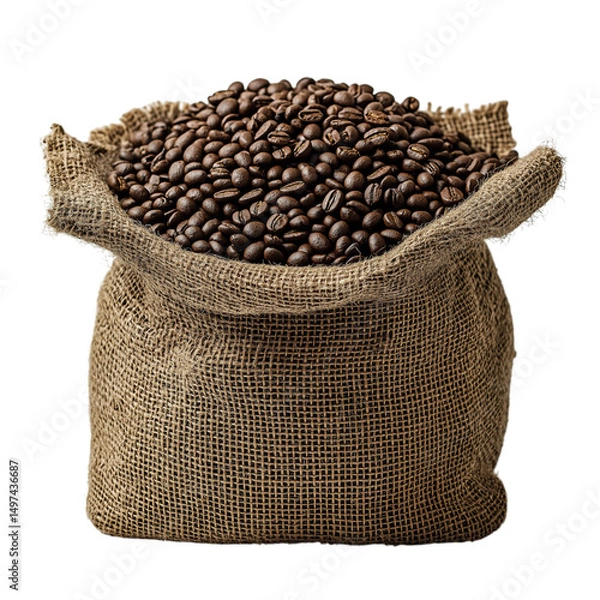 Obraz Roasted Coffee Beans in a Burlap Sack Isolated for Organic Coffee Packaging Mockups.