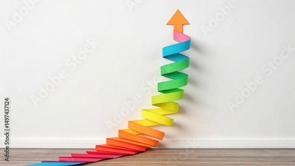 Fototapeta A colorful spiral arrow made of paper rises upward, symbolizing growth, progress, and upward movement on a plain background.