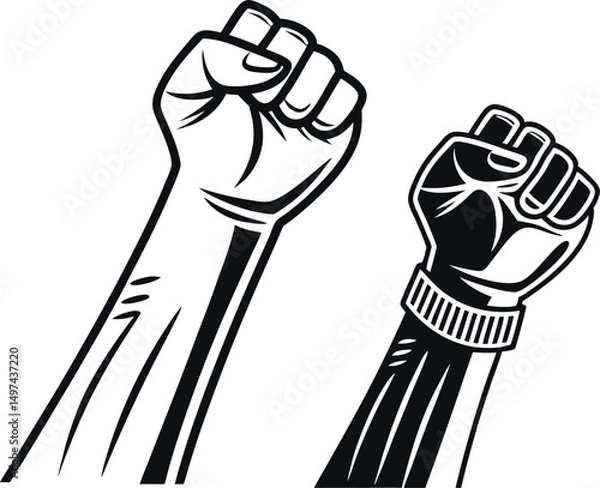 Fototapeta Three stylized hands raised high in a celebratory gesture, depicted with bold red outlines and a dynamic, hand-drawn style against a white background.