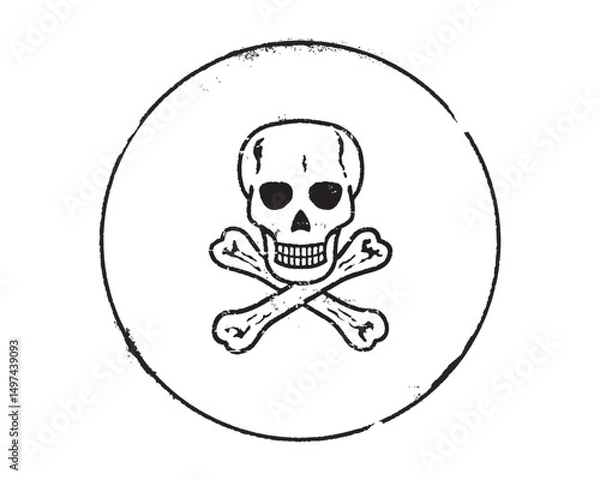 Fototapeta Grunge circular seal with Jolly Roger skull and crossbones, vintage pirate emblem, gothic stamp design, distressed retro badge, outlaw symbol.