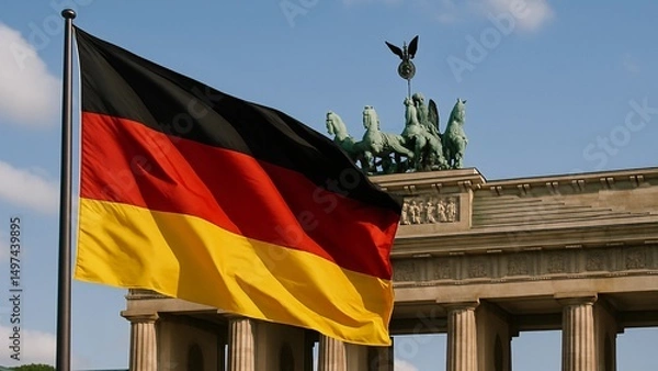Fototapeta Large german flag waving in the wind in front of brandenburg gate, a symbol of german reunification, in berlin, germany, on a sunny day with blue sky and few clouds