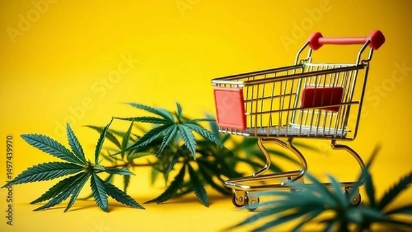 Obraz Shopping trolley and leaves of marijuana on yellow background Legal cannabis concept