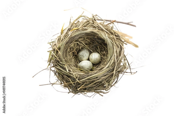 Fototapeta Bird nest with three eggs isolated on a white background