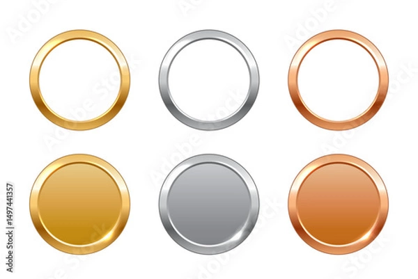 Fototapeta Gold, silver, bronze circle medals, metal circle frames, coins. First, second, third place award frames isolated on white background. Realistic vector illustration.