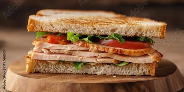 Obraz A sandwich with lettuce and tomato on a wooden cutting board. The sandwich is cut in half and he is a turkey sandwich