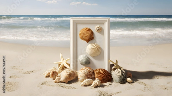 Fototapeta White photo frame standing on the sandy beach surrounded by seashells, symbolizing summer memories, travel moments, and personalized storytelling in a coastal setting.
