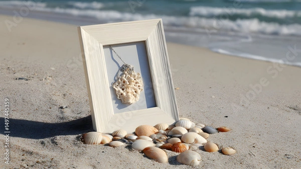 Fototapeta White photo frame standing on the sandy beach surrounded by seashells, symbolizing summer memories, travel moments, and personalized storytelling in a coastal setting.
