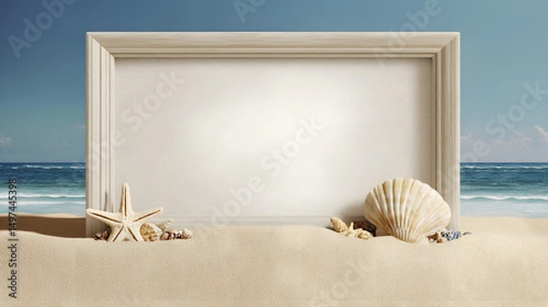 Fototapeta White photo frame standing on the sandy beach surrounded by seashells, symbolizing summer memories, travel moments, and personalized storytelling in a coastal setting.
