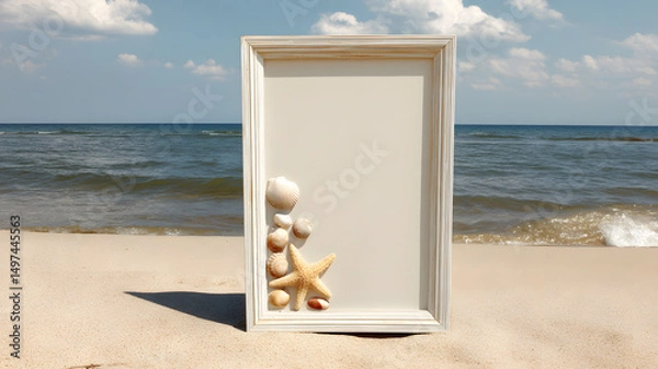 Fototapeta White photo frame standing on the sandy beach surrounded by seashells, symbolizing summer memories, travel moments, and personalized storytelling in a coastal setting.
