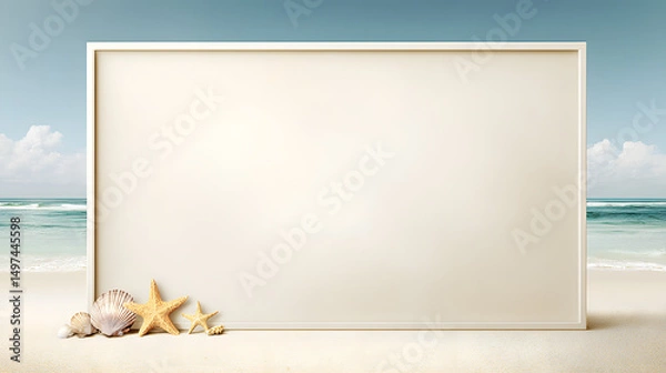 Fototapeta White photo frame standing on the sandy beach surrounded by seashells, symbolizing summer memories, travel moments, and personalized storytelling in a coastal setting.
