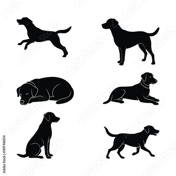Obraz Set of black dog silhouettes in different poses including sitting, running, laying, and sleeping. Perfect for pet designs, icons, and illustrations.