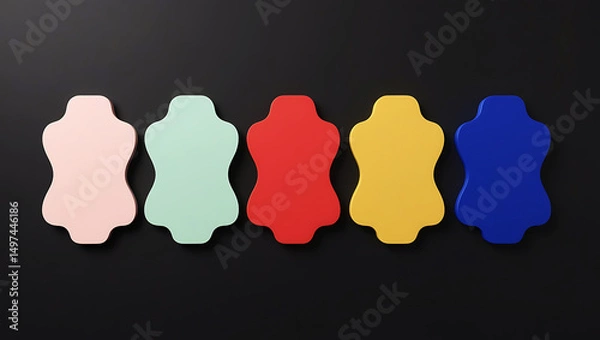 Obraz Vibrant Abstract Illustration of Five Wavy Color Shapes on Black Background – Modern Minimalist Design
