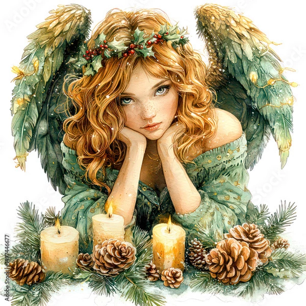 Fototapeta Angel with wings for a festive paper card, illustration for a children's fairy tale. Angel leaning over Advent candles.