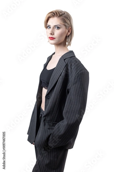 Fototapeta Portrait of a seductive, stylish business lady in the studio. Blonde girl in a suit and top.