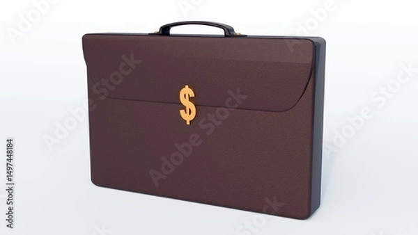Fototapeta A 3d rendering of isolated, closed and rectangular briefcase, positioned prominently on the front flap is a shiny, gold-colored dollar sign.